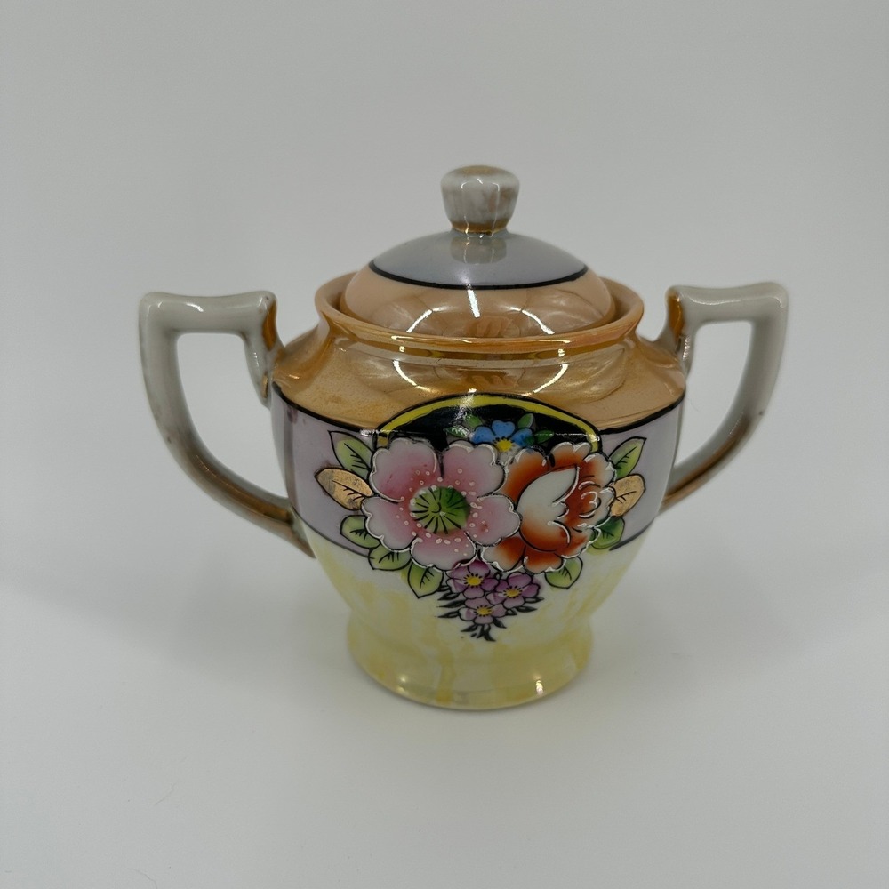 Vintage Hand Painted Japan Lusterware Floral Porcelain Sugar Bowl with Lid